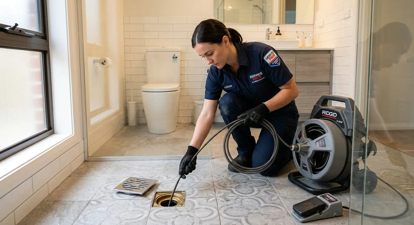 Technician clearing a bathroom floor drain for Sewer Line Installation in Brock Hall